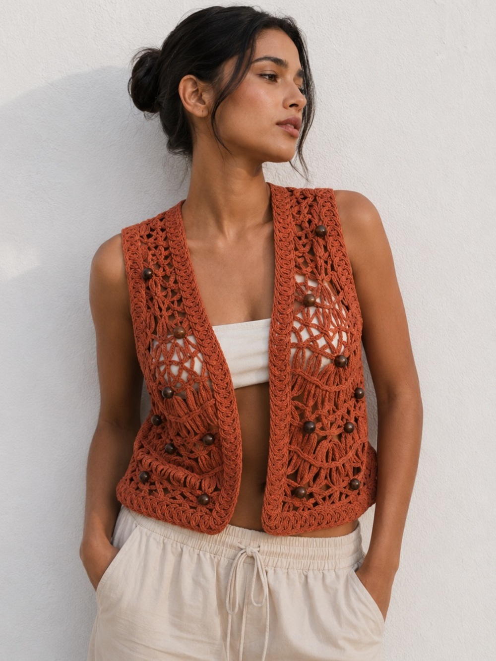 Zara Beaded Crochet Macramé Vest 70s Bohemian Festival Earthy Cotton Layer Fall